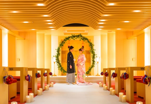 ホテル国際21。挙式会場。日本の伝統美と自然が調和する神殿『誓言』で行う神前式も人気