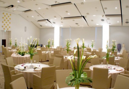 VILLA ESTERIO(ヴィラ エステリオ)。披露宴会場。天井が高く、最大160名まで収容できる広さも魅力です
