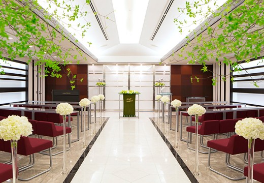 デュオ・セレッソ。挙式会場。モダンな雰囲気に赤のインテリアが映える挙式会場『利庵』