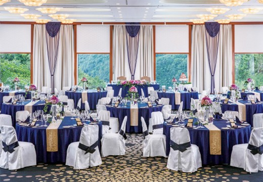 志摩観光ホテル。披露宴会場。名産のパールのモチーフがちりばめられたバンケット『真珠』