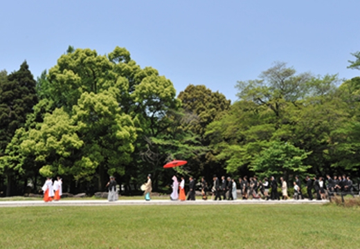 岐阜護国神社せいらん会館。挙式会場。境内に響き渡る雅な調べの中、緑あふれる参道を歩む「参進の儀」