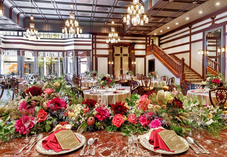Neo Japanesque Wedding 百花籠(ネオ ジャパネスク ウェディング 百花籠)。披露宴会場。洋と和の文化が優雅に溶け合った空間が印象的な『鳳明』