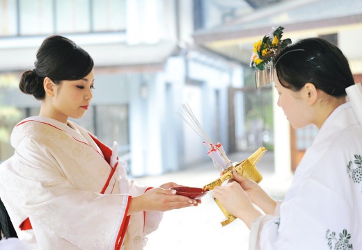 愛知縣護國神社。挙式会場。三三九度の盃を酌み交わし、ここに新たな夫婦が誕生します