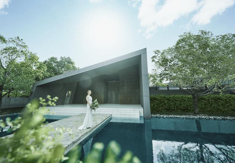 Mia Via(ミア ヴィア)。挙式会場。水に浮かぶように建つ台形の外観が印象的な独立型チャペル