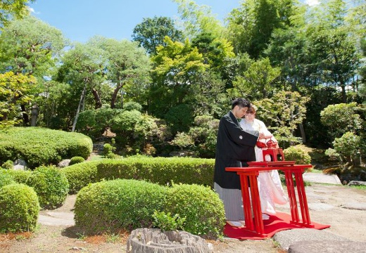 桜鶴苑（おうかくえん）。挙式会場。木々の緑や青空、陽光など、自然もふたりの結婚を祝福