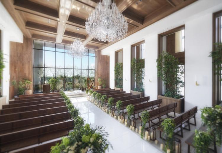 ルクリアモーレ広島。挙式会場。「感謝」と「祝福」を表現した2つのシャンデリアが輝きます